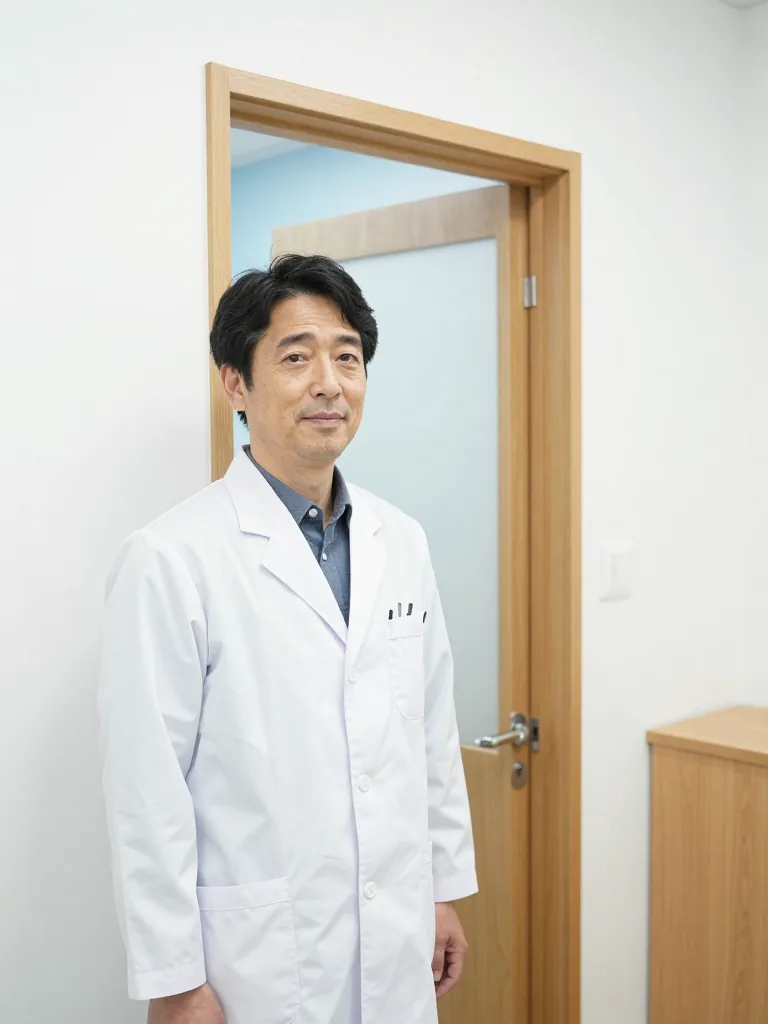 診療室の前に立つ院長。白衣を着ている