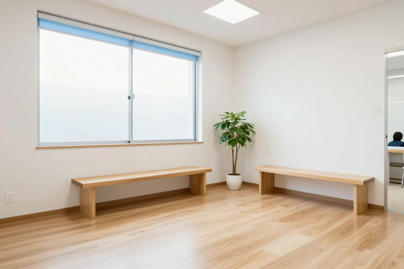 窓の大きい待合室。木の床に木のベンチが2つ並び、朝の光が入っている