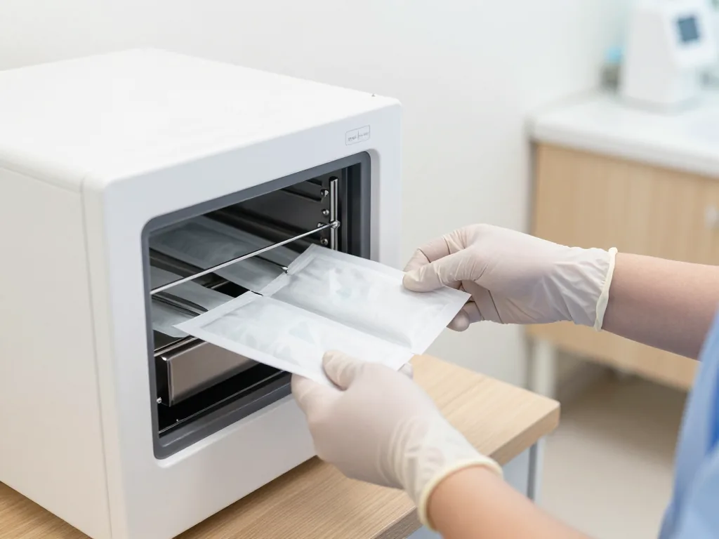 袋に入れた器具を、滅菌の機械から取り出すスタッフの手元