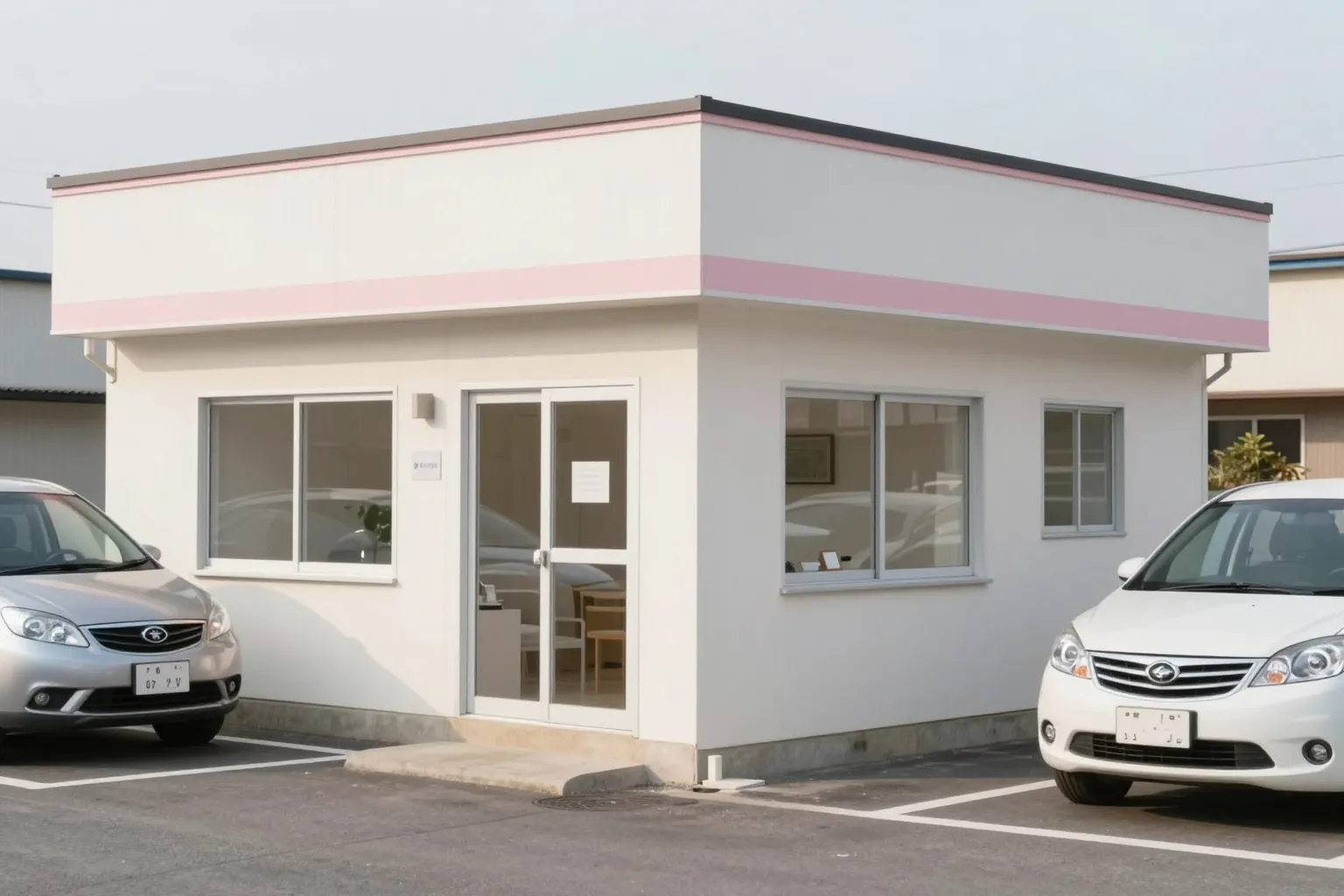 白い小さな建物の外観と、前の駐車場