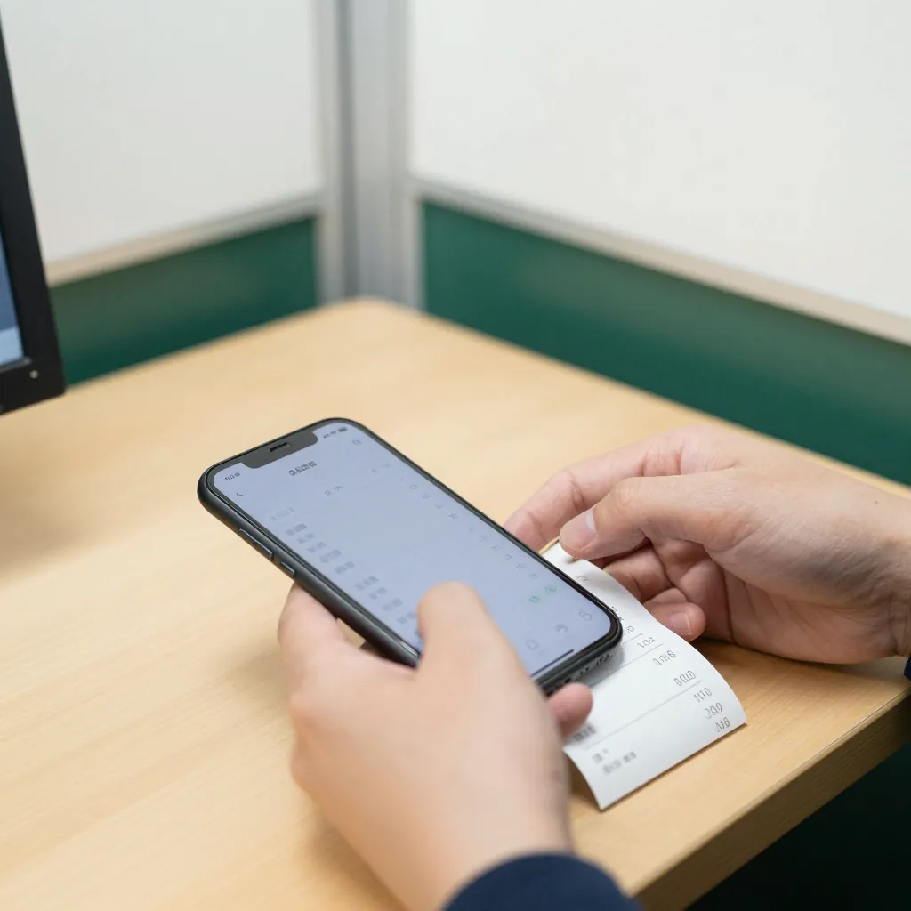 机の上で、レシートをスマホで撮っている手元