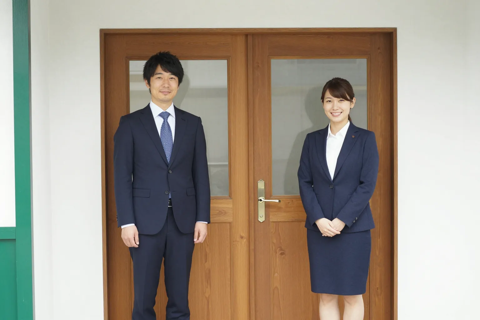 事務所の木の扉の前に並んで立つ、税理士の宮田とスタッフの堀江