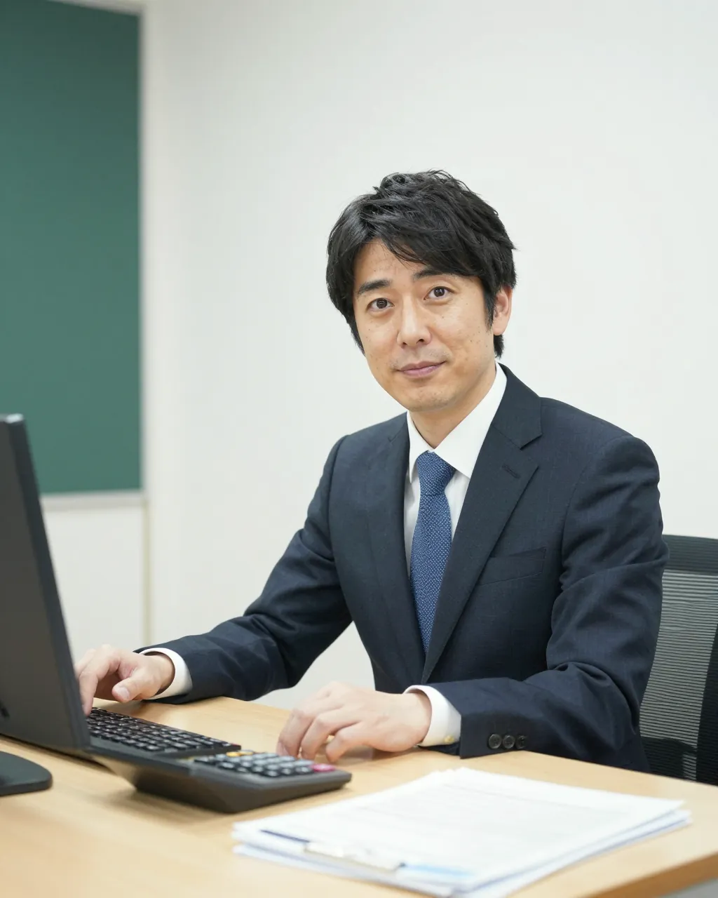 机で顔を上げてこちらを向く、税理士の宮田