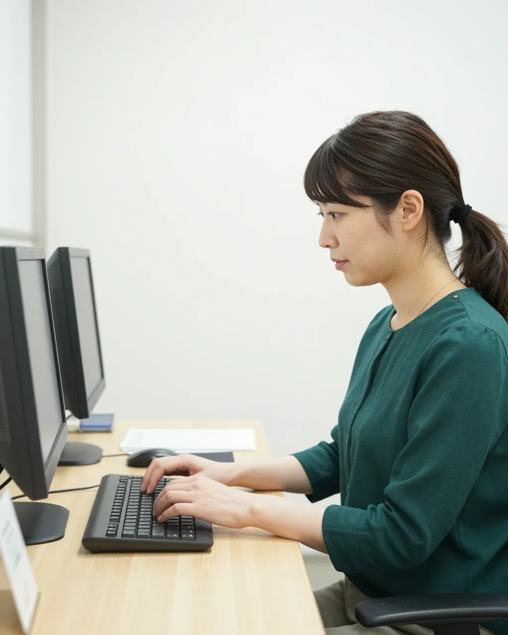 パソコンに向かって入力している、スタッフの堀江の横顔